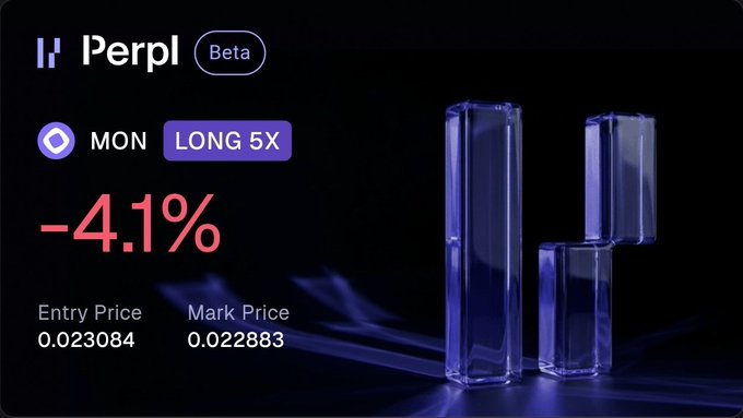 A trading interface for 'Perpl' (Beta) showing a MON LONG 5X position down -4.1%, with an entry price of 0.023084 and mark price of 0.022833 against a purple background.