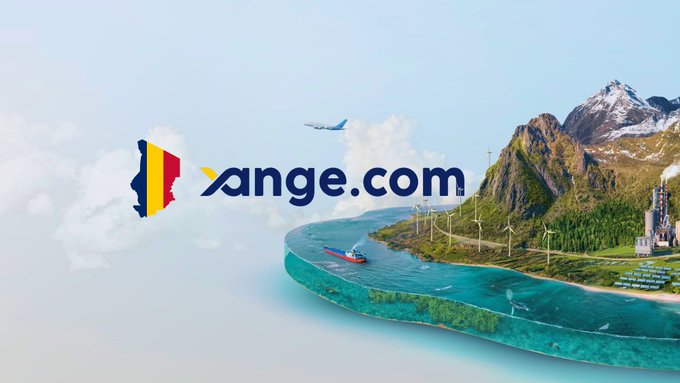 The image features the Xange.com logo set against a composite background showcasing mountains, wind turbines, a cargo ship, and an airplane, symbolizing diverse climate and infrastructure projects. This visual aligns with the post about a sovereign mitigation pipeline exceeding $100B involving Xange and the Republic of Chad, highlighting the global scale of their climate initiatives.