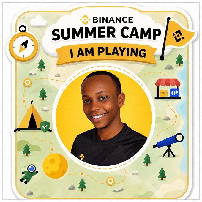 A Binance 'Summer Camp' themed badge featuring a portrait of a smiling young man wearing a black Binance shirt, surrounded by illustrations of camping items like a tent, trees, and a telescope.