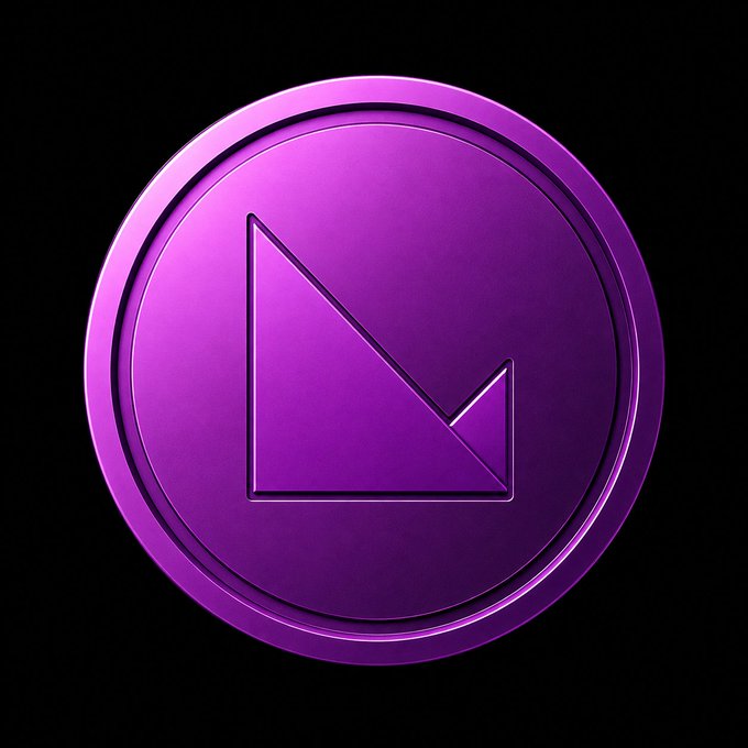 A 3D-rendered purple circular coin features an embossed geometric logo resembling an 'N' or arrow design against a black background.