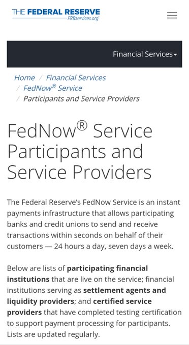 The image shows a webpage from the Federal Reserve's FRBservices.org site titled "FedNow® Service Participants and Service Providers," which lists participating financial institutions, settlement agents, liquidity providers, and certified service providers for the FedNow instant payments infrastructure. The caption "Lock in" relates to the image by suggesting readers take advantage of the opportunity to join or align with the FedNow Service before it becomes fully established as the standard for 24/7 instant payments.
