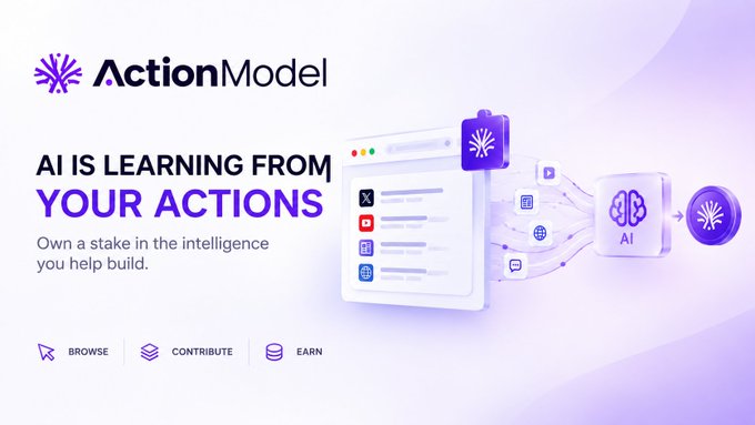 An advertisement banner for 'ActionModel' with the tagline 'AI IS LEARNING FROM YOUR ACTIONS' and options to 'BROWSE', 'CONTRIBUTE', and 'EARN'.