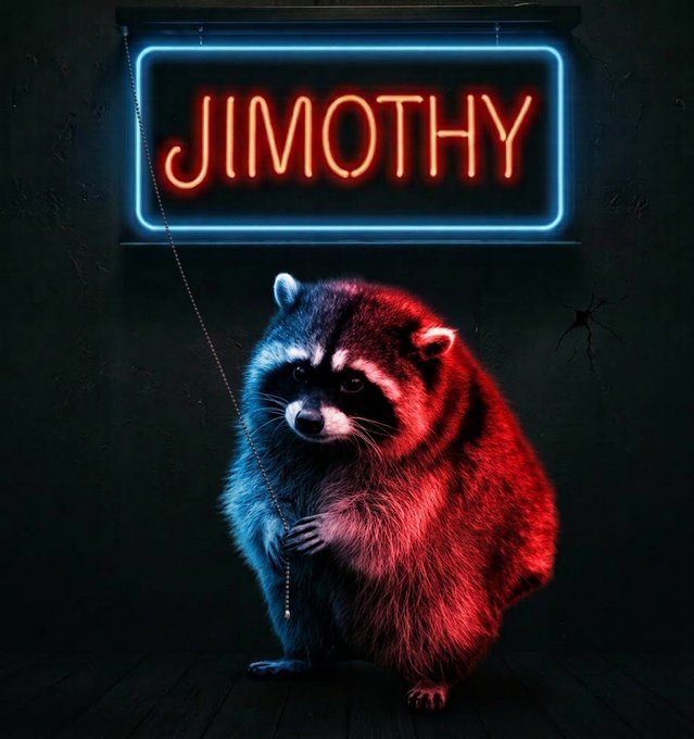 A raccoon stands under a neon sign that reads 'JIMOTHY' in red letters with a blue border, illuminated by dramatic red and blue lighting against a dark wall.