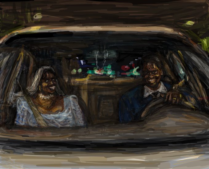 Impressionistic painting depicting two people (a woman with light hair and a man with glasses) smiling inside a car at night, with city lights visible through the rear window.