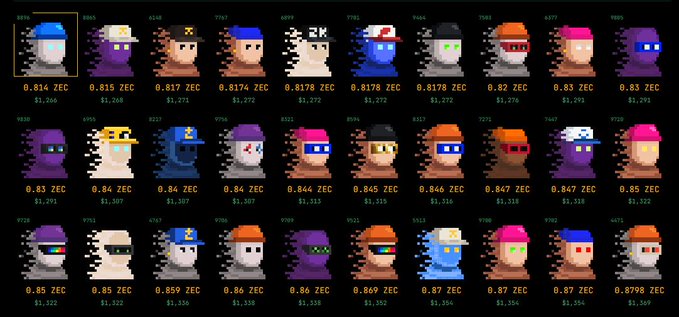A screenshot showing a grid of 30 pixel-art character NFT collectibles, each with prices listed in ZEC (Zcash) cryptocurrency ranging from 0.814 to 0.8798 ZEC.