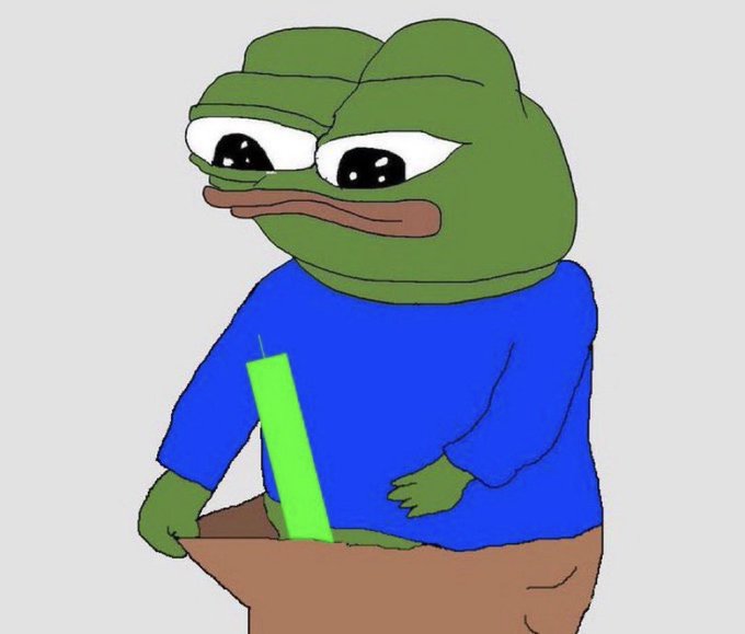 A digital drawing of Pepe the Frog wearing a blue shirt, sitting at a brown table while looking at a glowing green screen or device.
