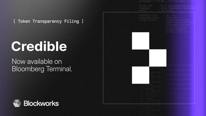 A Blockworks promotional graphic announces "Credible's Token Transparency Filing" now available on Bloomberg Terminal, with the "$CRED" token featured against a dark backdrop of simulated terminal text and a stylized white logo.
