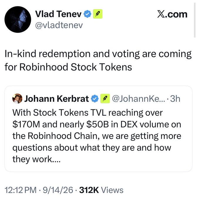 An X.com post by Vlad Tenev (@vladtenev) stating 'In-kind redemption and voting are coming for Robinhood Stock Tokens', quoting Johann Kerbrat about Stock Tokens TVL reaching over $170M.