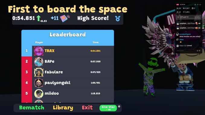 A video game leaderboard screenshot titled "First to board the space" showing player rankings with TRAX at #1 with a time of 0:54.851, accompanied by a chat window.