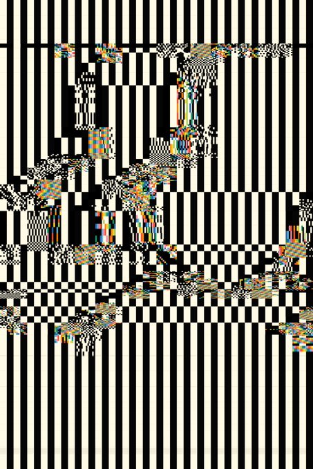 An abstract artwork featuring a black-and-white checkered and striped pattern with glitchy, multicolored distorted elements scattered throughout.