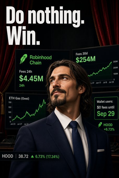 A digital poster featuring a man in a suit looking upward with the text 'Do nothing. Win.' and financial charts displaying 'Robinhood Chain', 'HOOD' stock price at 38.72 (+6.73%), and other crypto/fee metrics.