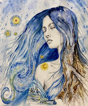 A watercolor and ink painting depicting a serene female figure with flowing blue hair, surrounded by swirling blue patterns and sun motifs.