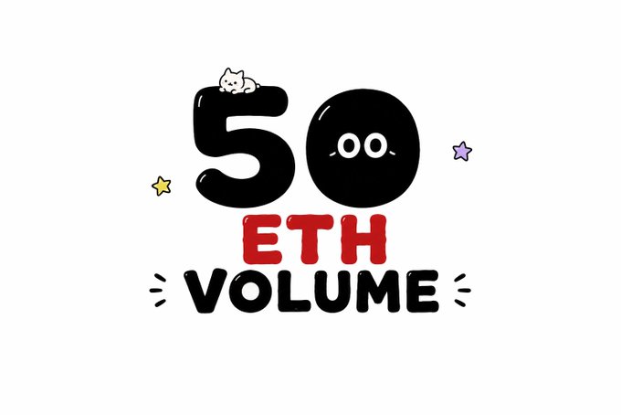 The image features a white background with the text "50ETH VOLUME" written in red letters, accompanied by a black cat illustration of a kitten sitting atop a 50-cent coin. The cat appears to be looking down at the text on the wall.