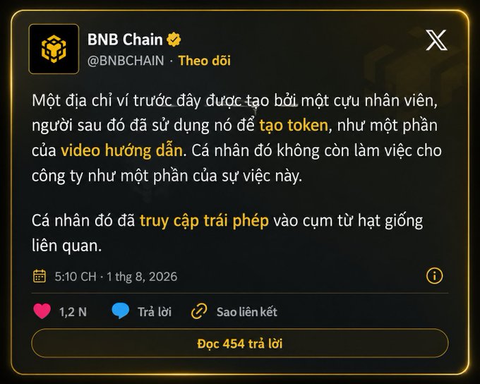 A tweet from BNB Chain's verified account (@BNBCHAIN) dated August 1, 2026, announcing that a former employee has been accused of unauthorized access to a seed phrase from an old hot wallet—originally created for a tutorial video—to mint tokens, stating the individual no longer works with the company.