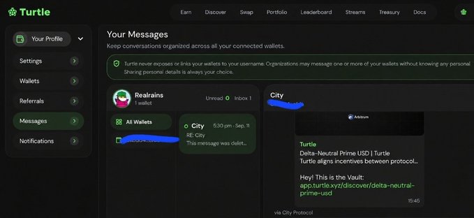 A screenshot of a messaging interface on the 'Turtle' crypto platform showing a message from 'Realrains' in the 'City' channel about Delta-Neutral Prime USD incentives via app.turtle.xyz.