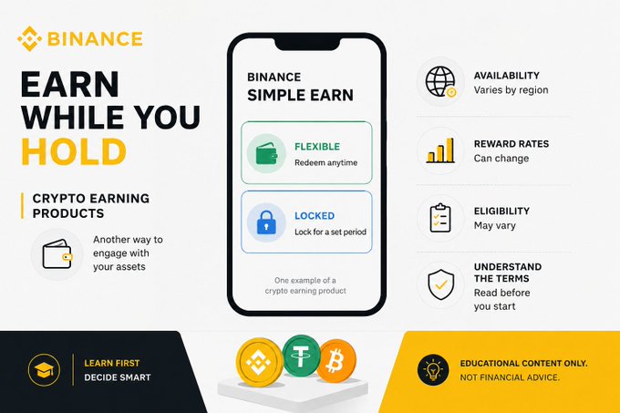 The image is a Binance promotional graphic titled "Earn While You Hold," highlighting "Crypto Earning Products" through an illustration of a smartphone displaying the Binance Simple Earn interface with "Flexible" (Redeem anytime) and "Locked" (Lock for a set period) options, alongside icons for BNB, USDT, and BTC, with side notes indicating availability varies by region, reward rates can change, eligibility may vary, and advising users to understand the terms, plus a disclaimer that the content is educational only and not financial advice, directly illustrating the post's point that crypto platforms like Binance offer earning products as an alternative to trading for holding assets.