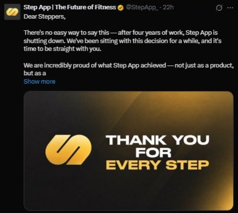 A tweet from @StepApp announcing the shutdown of Step App after four years, featuring a 'THANK YOU FOR EVERY STEP' graphic.