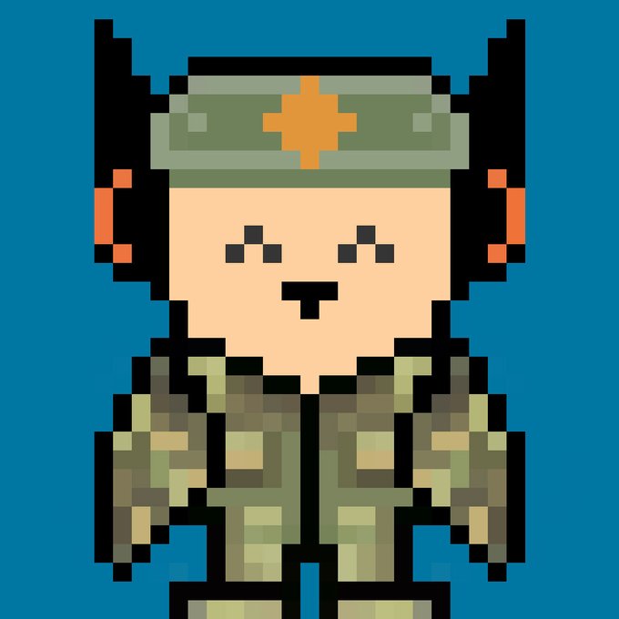 A pixel art character with black horns, wearing a green camouflage outfit and a headband with an orange cross symbol, set against a teal background.