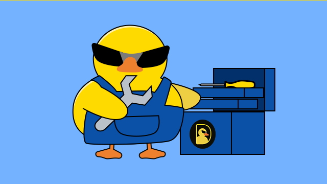A cartoon duck wearing sunglasses and blue overalls holds a wrench next to a blue machine bearing the DuckChain logo, visually representing the maintenance work and asset migration required for the DuckChain network upgrade. The image reinforces the message that users need to complete their bridge and unstake actions before the upgrade begins to ensure uninterrupted access.