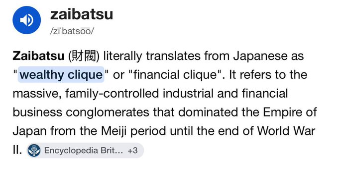 Dictionary definition for 'zaibatsu' explaining the Japanese term for wealthy industrial conglomerates.