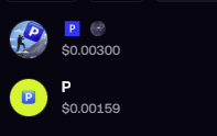 A cryptocurrency wallet showing two tokens: one valued at $0.00300 and a green token valued at $0.00159.