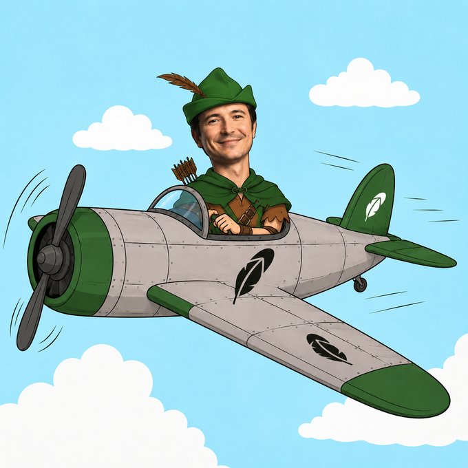 A cartoon illustration shows a man dressed as Robin Hood flying a green and silver propeller plane decorated with black feather emblems through a blue sky with white clouds.