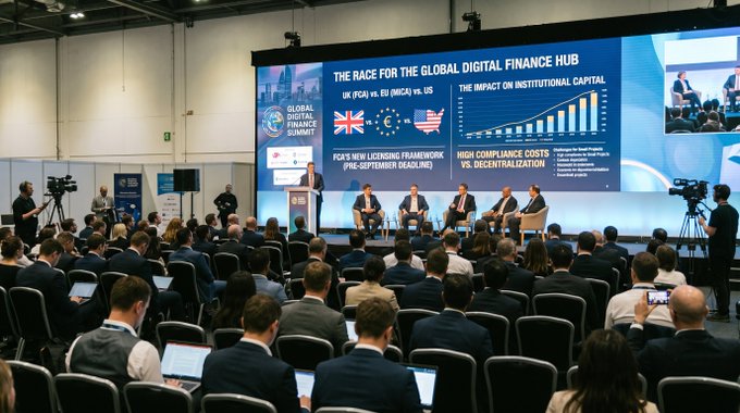 A large conference hall during a panel discussion titled 'THE RACE FOR THE GLOBAL DIGITAL FINANCE HUB' featuring UK (FCA) vs. EU (MiCA) vs. US with FCA's new licensing framework.