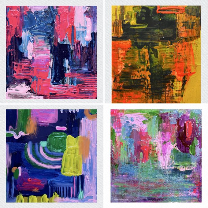 A 2x2 grid of four square abstract paintings featuring thick, textured brushstrokes in vibrant colors including pinks, blues, yellows, oranges, and greens.