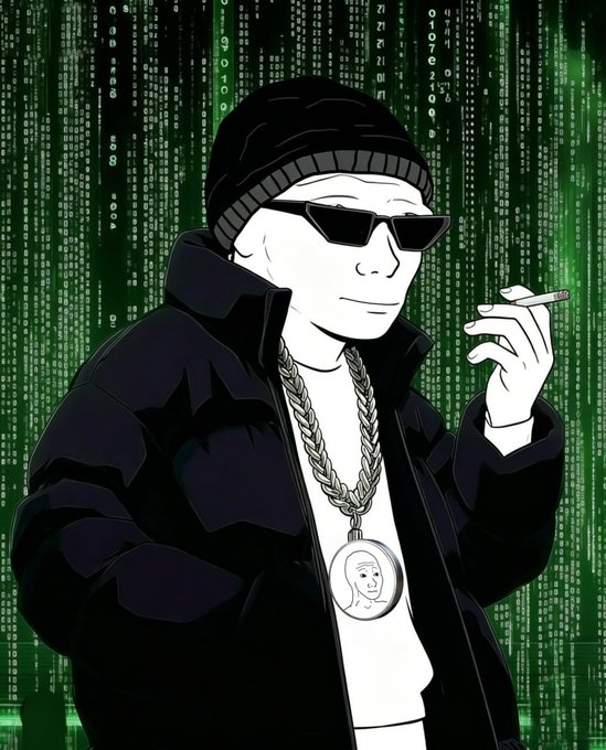A stylized illustration of a character in a black beanie, sunglasses, puffy jacket, and a large chain necklace with a medallion, holding a cigarette against a green Matrix-style digital rain backdrop.