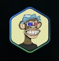 A hexagonal digital icon featuring a cartoon monkey wearing a blue cap and red-blue 3D glasses against a yellow background.