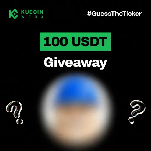 The image is a KuCoin Web3 promotional graphic for a 100 USDT giveaway tied to the #GuessTheTicker challenge. It features the KuCoin Web3 logo, the bold text "100 USDT Giveaway," question marks, and a blurred placeholder image hinting at a hidden memecoin ticker for participants to guess.