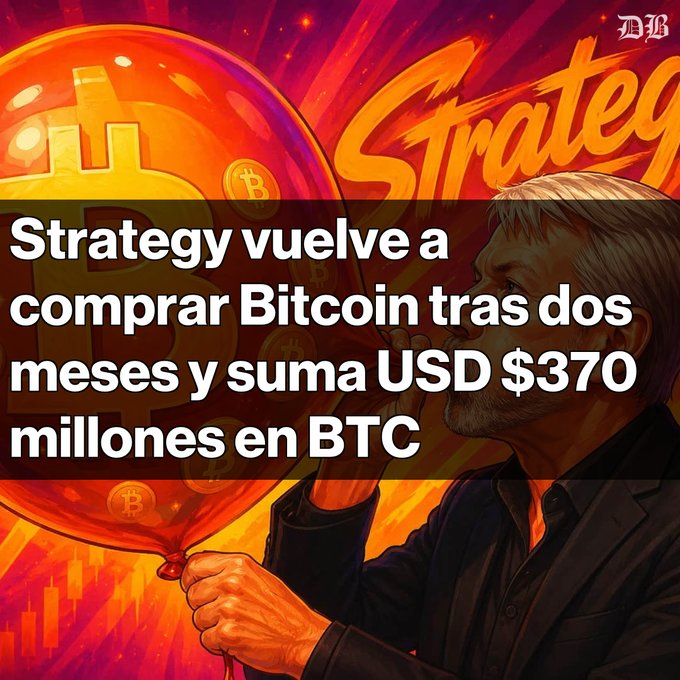 An illustrated promotional graphic featuring a man blowing up a Bitcoin-shaped balloon, with the Spanish headline 'Strategy vuelve a comprar Bitcoin tras dos meses y suma USD $370 millones en BTC' overlaid on the image.