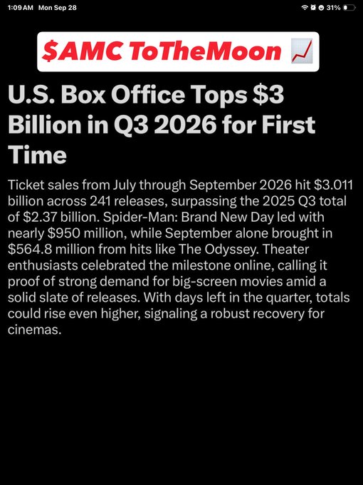 A news article screenshot titled '$AMC ToTheMoon' with a headline 'U.S. Box Office Tops $3 Billion in Q3 2026 for First Time', discussing ticket sales led by Spider-Man: Brand New Day.