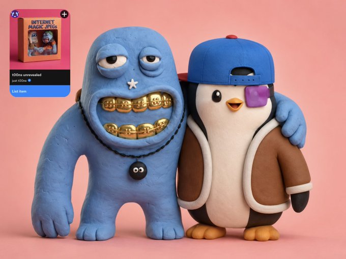 Two 3D-rendered cartoon characters, a blue monster with gold grills and a penguin wearing a blue cap, stand side by side; an inset shows an NFT listing titled 'INTERNET MAGIC #766' at 100ms.