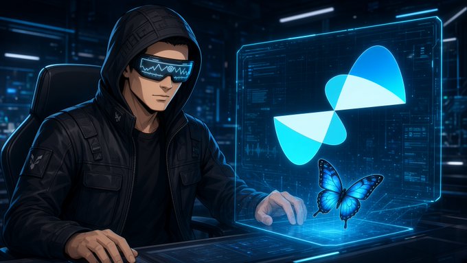 A digital illustration of a hooded figure wearing glowing blue visor sunglasses, sitting at a futuristic interface with a transparent blue holographic display showing a butterfly-like logo and a blue butterfly, set in a dark sci-fi environment.