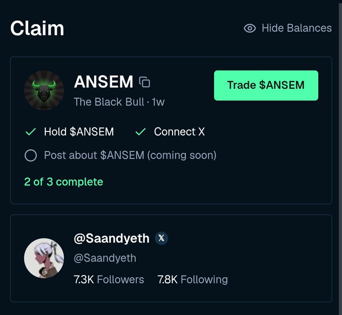 A 'Claim' interface for the token $ANSEM ('The Black Bull') showing 2 of 3 tasks complete (Hold $ANSEM and Connect X checked), with a 'Trade $ANSEM' button and a profile for @Saandyeth below.
