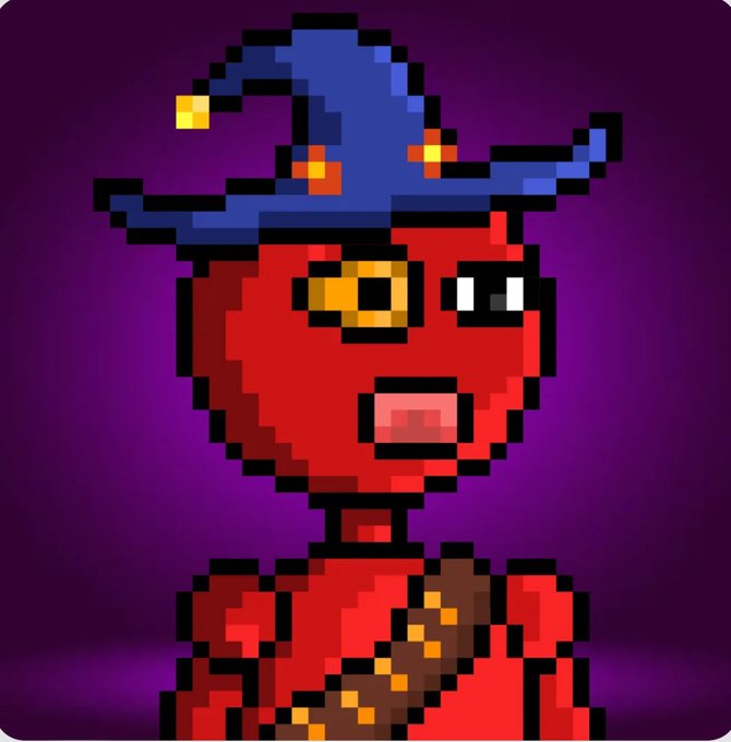 A pixel art illustration of a red-skinned character wearing a crooked blue wizard hat with gold accents, featuring black sunglasses and a brown satchel strap across their chest against a purple background.