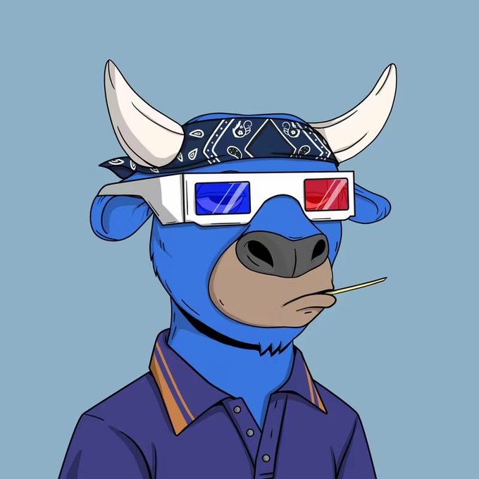 An illustrated blue bull character wears a bandana with 3D glasses and holds a toothpick in its mouth.