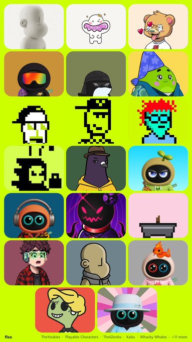 A screenshot showcases the NFT collection visualization tool "flex," displaying a grid of various NFTs against a bright yellow-green background, including pixel art characters, cartoon avatars, and digital illustrations from collections like "TheYoodles," "Playable Characters," "TheGhosts," "Kabu," and "Whacky Whales," with "+11 more" indicated at the bottom, demonstrating the tool's ability to compile multiple NFT projects into a single image without requiring wallet connection.