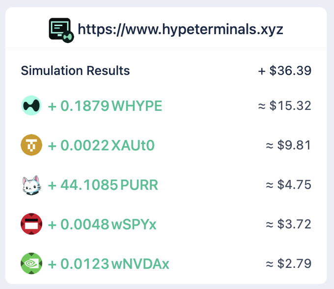 A screenshot from hypeterminals.xyz displays "Simulation Results" showing staking rewards totaling "+ $36.39" from various tokens: +0.1879 WHYPE (~$15.32), +0.0022 XAUv0 (~$9.81), +44.1085 PURR (~$4.75), +0.0048 wSPYx (~$3.72), and +0.0123 wNVDax (~$2.79), illustrating the user's NFT staking earnings referenced in the post.