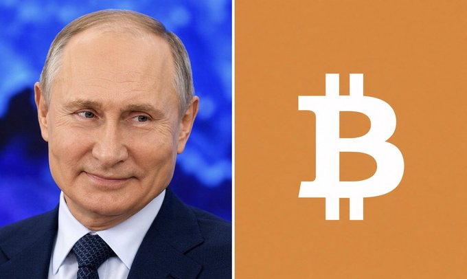 A split image showing Vladimir Putin on the left and the Bitcoin symbol on an orange background on the right.