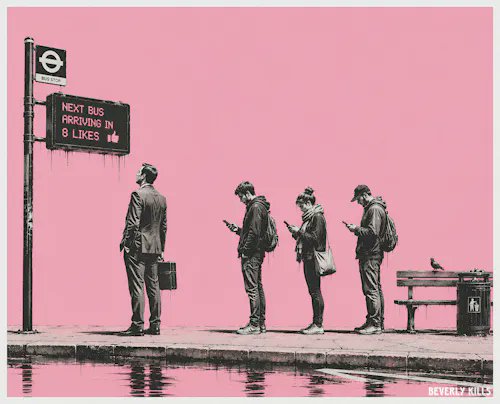 A pink-toned street art piece by @beverlykills shows a businessman in a suit waiting at a bus stop while three people ignore him, engrossed in their phones. The bus stop sign reads "NEXT BUS ARRIVING IN 8 LIKES" with a thumbs-up icon, satirizing how social media engagement has become more important than real-world service, tying into the post's theme of "No Like, No Service" and the NFT's title.