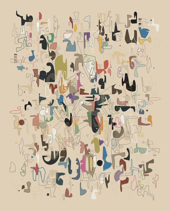 An abstract artwork composed of numerous small, colorful biomorphic shapes and flowing lines densely arranged on a beige background.