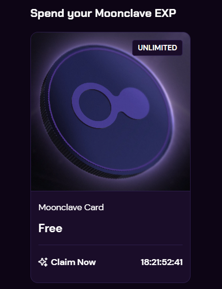A digital card or NFT interface with a dark purple background showing a 3D coin-like icon, labeled "Spend your Moonclave EXP" at the top, "UNLIMITED" badge, "Moonclave Card" with "Free" pricing, and a "Claim Now" button with a countdown timer showing 18:21:52:41.