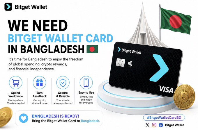 A promotional graphic for Bitget Wallet calls for a 'BITGET WALLET CARD IN BANGLADESH', highlighting features like worldwide spending and asset security alongside a Bangladesh flag.