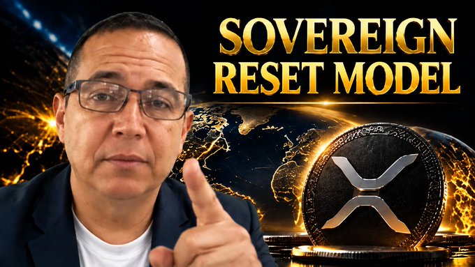 A YouTube-style thumbnail showing a man in glasses pointing upward, next to bold gold text reading 'SOVEREIGN RESET MODEL' and a large XRP cryptocurrency coin with a glowing world map background.