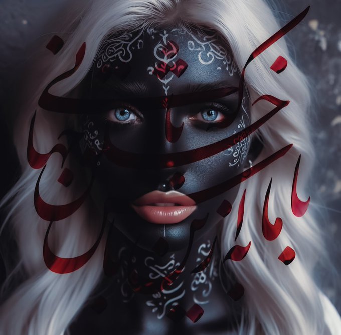 A digital artwork features a woman with white hair and pale skin, her face adorned with intricate black markings and abstract red ribbon-like shapes.