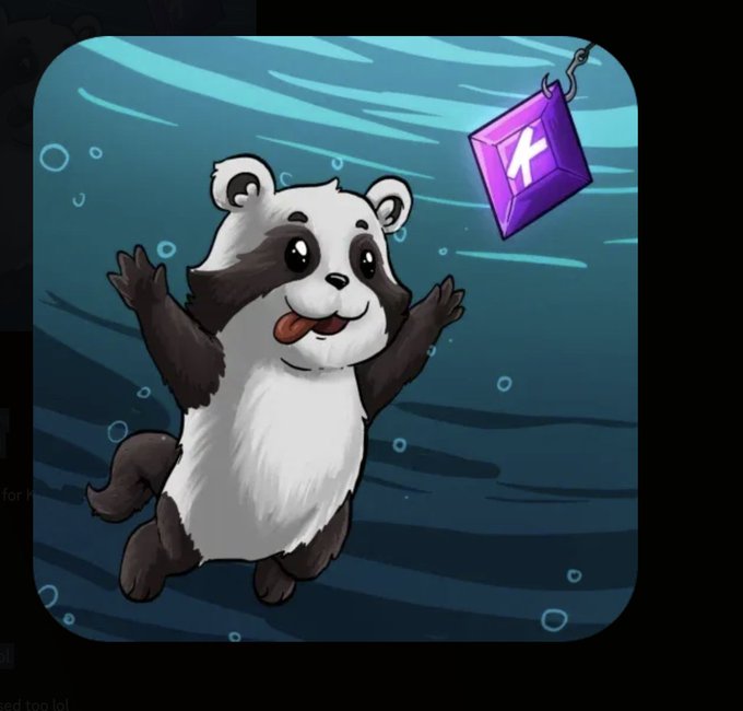 A digital illustration of a cute cartoon raccoon with its arms raised, standing underwater and looking up at a purple, diamond-shaped gem marked with a 'K' symbol.