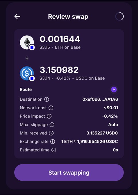 A mobile crypto swap review screen showing a trade of 0.001644 ETH ($3.15) to 3.150982 USDC on Base, with an exchange rate of 1 ETH ≈ 1,916.65 USDC and a 'Start swapping' button.
