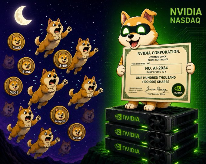 A cartoon illustration depicting various meme coins (FLOKI, BONK, SHIB, DOGE, BABYDOGE, MEME, PEPE) as Shiba Inu dogs fleeing in fear from a larger dog wearing green sunglasses and holding an NVIDIA stock certificate, while standing on NVIDIA GPUs.